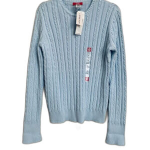 Anne Klein blue sweater Long sleeve crew neck cable knit cottagecore size L